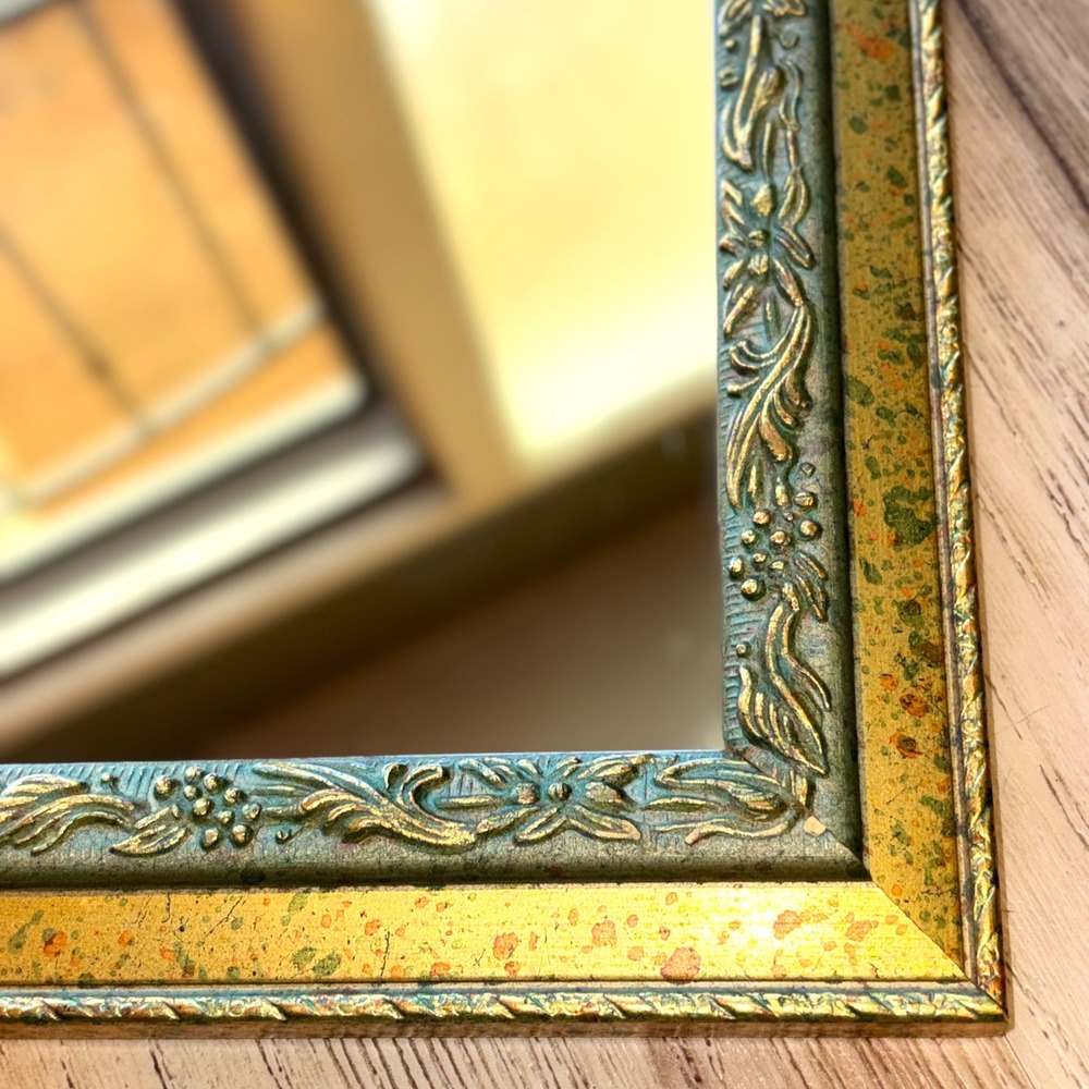 Vtg Ornate Square Wall Mirror Gold Verdigris Floral Scrollwork Frame 9.5in - Picture 4 of 16